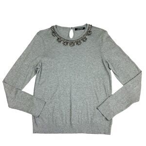 Ralph Lauren Pull Over Gray Sweater Top Women's S Embellished Rhinestones Neck